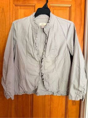 LOFT Light Gray Ruffle-Trim Open Front Jacket